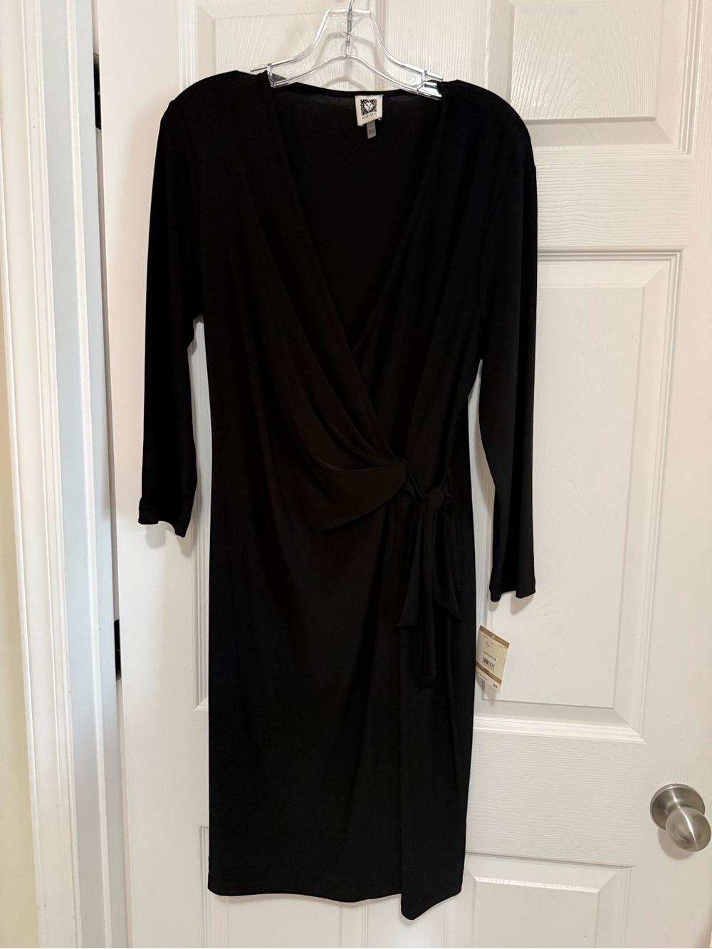 Anne Klein Black Faux-Wrap Long Sleeve Knee Dress with Side Tie